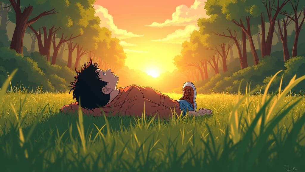 Anime Boy in Forest at Sunset, Dreamy Illustration