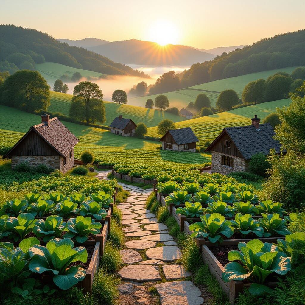 Serene Valley Sunrise with Rustic Homes and Gardens