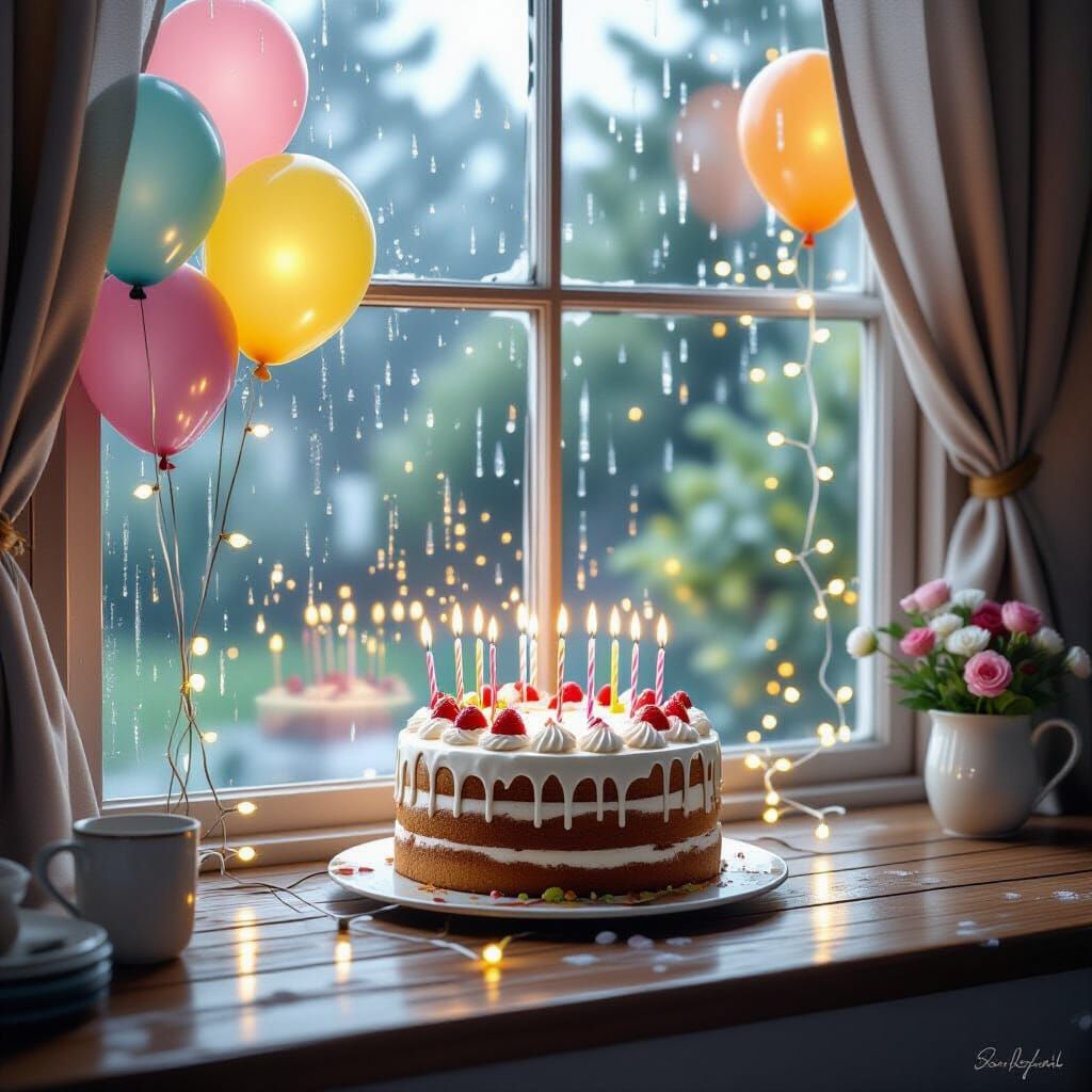 Cozy Birthday Cake Scene by Rainy Window