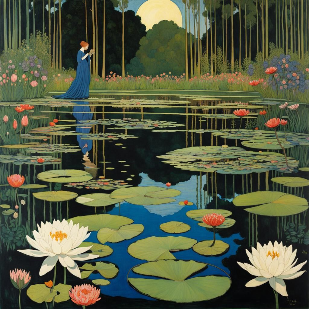 Luminous Water Garden in Golden Art Nouveau Style