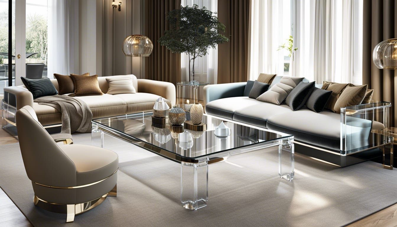 Living Space with Glass Furniture in Digital Rendering