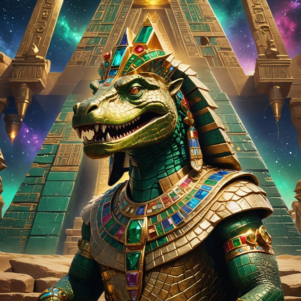 Egyptian God Sobek in Gold and Emerald