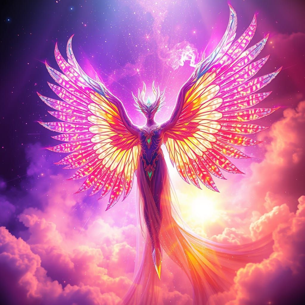 Majestic Angelic Being Emerges in Iridescent Glory, as Reali...