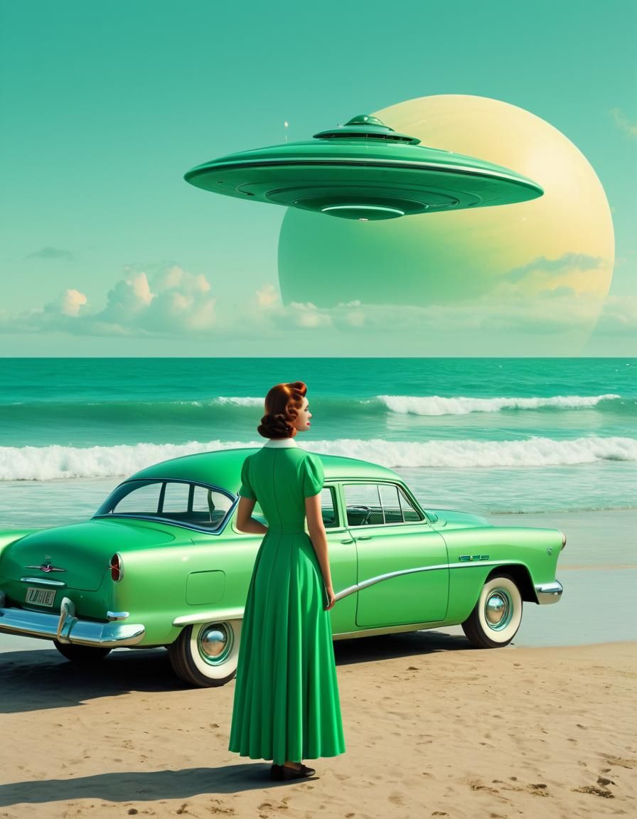 Retro-Futuristic Beach Scene with Flying Saucer