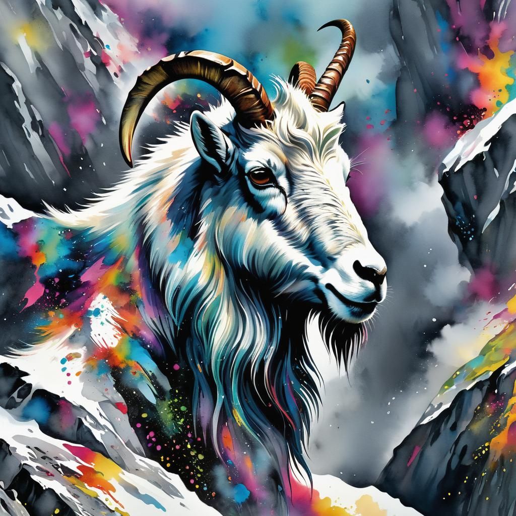 Vibrant Mountain Goat in Watercolor Style