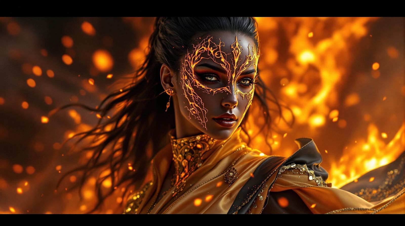 Warrior Queen in Obsidian Mask Amidst Inferno