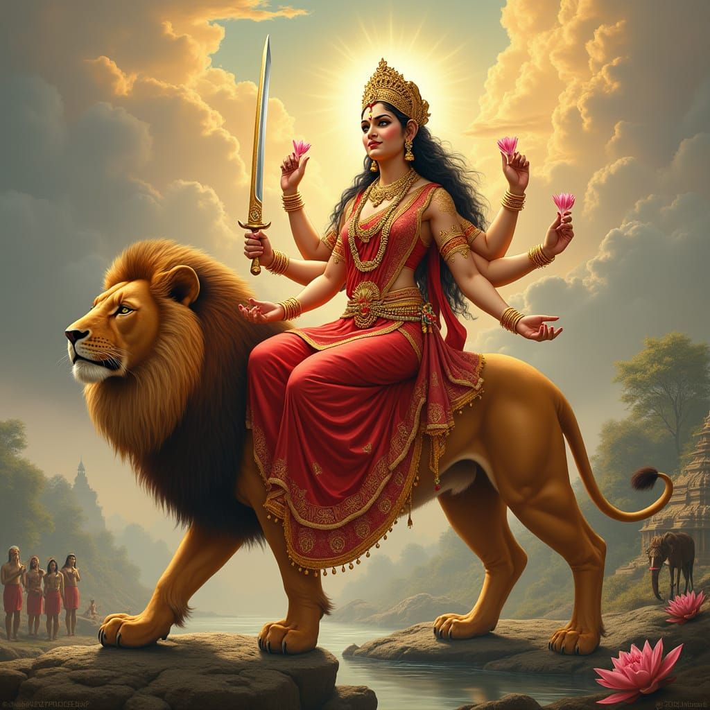 Elegant Goddess Katyayani Depicted in Traditional Indian and...