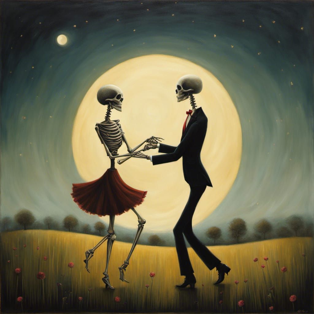 Skeletons Dancing Tango in Moonlight: Romantic Art
