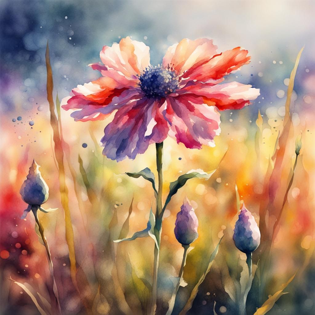 Hyperrealistic Watercolor Flower in Field, Splash Art
