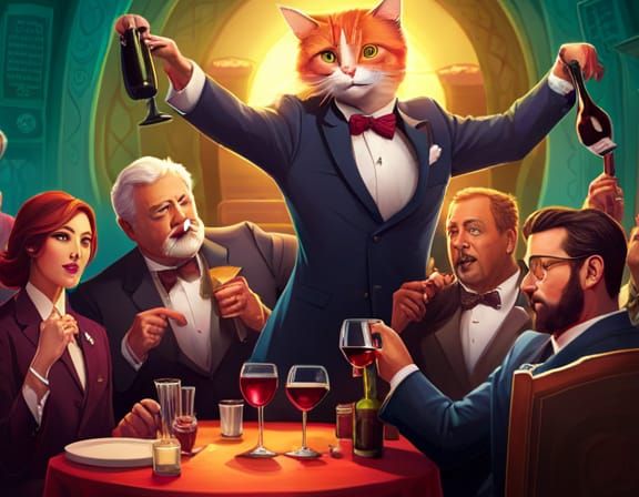 Cat Sommelier at Wine Party, Digital Concept Art