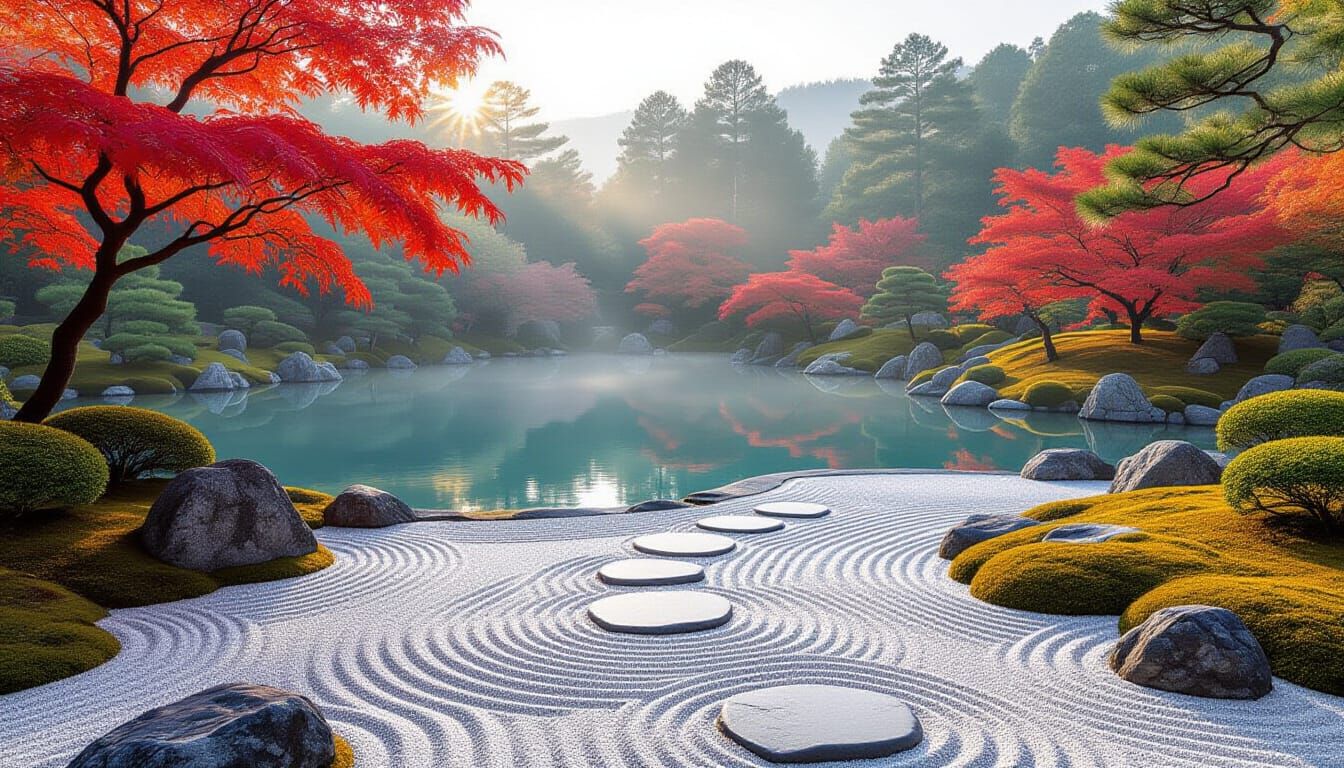 Serene Japanese Garden at Dawn in Ink Wash Style