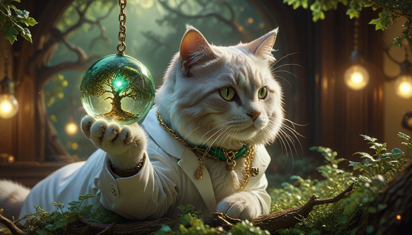 Cat Scientist Examines Orb Under Green Oak in Kinkade Style