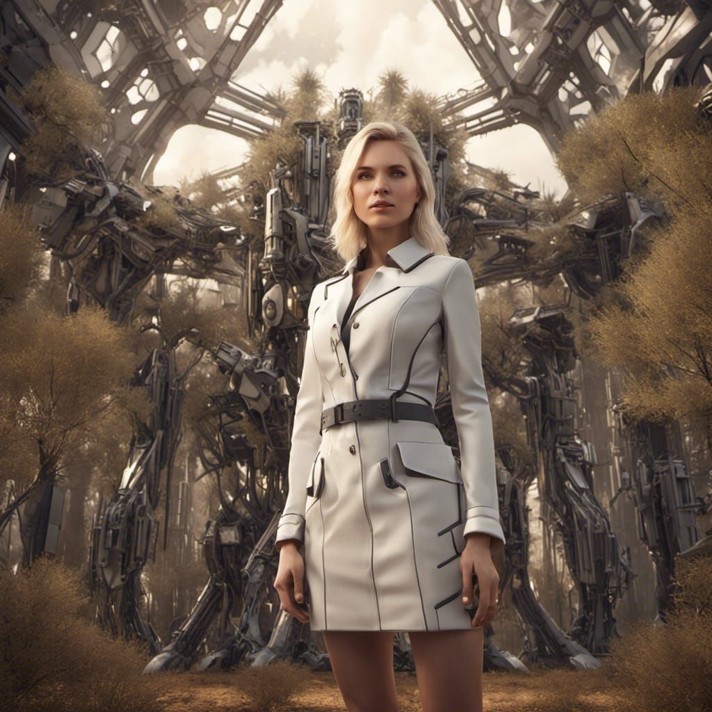 Blonde Scientist in Machine Forest, Sci-Fi 8K Render