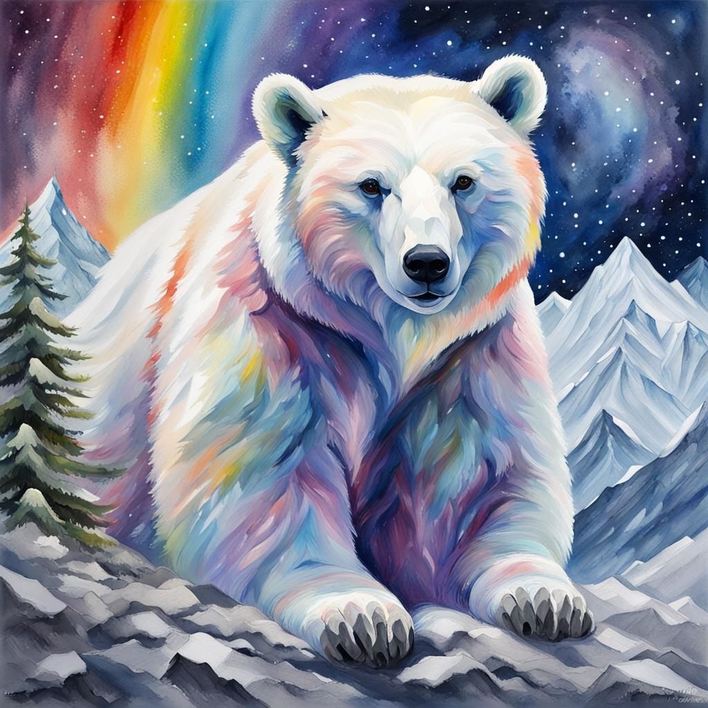 Rainbow White Bear in Gouache Impressionist Style
