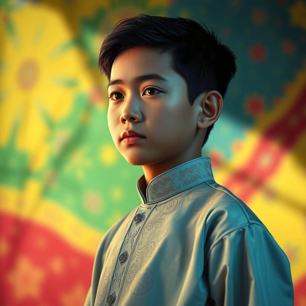 Serene Malay Youth in Traditional Attire, Hyperrealistic Por...