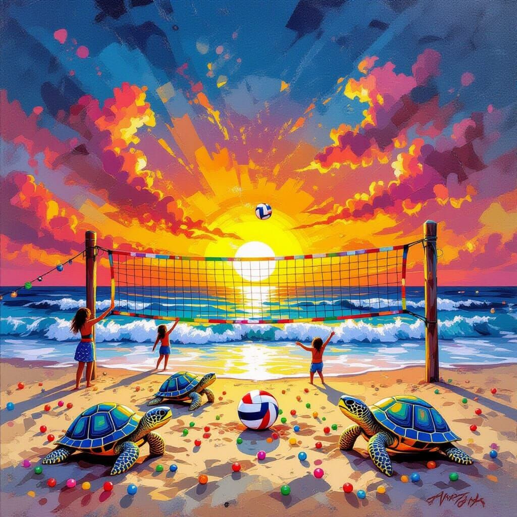 Beaded Sunset Volleyball with Tortoises in Graffiti Art Styl...