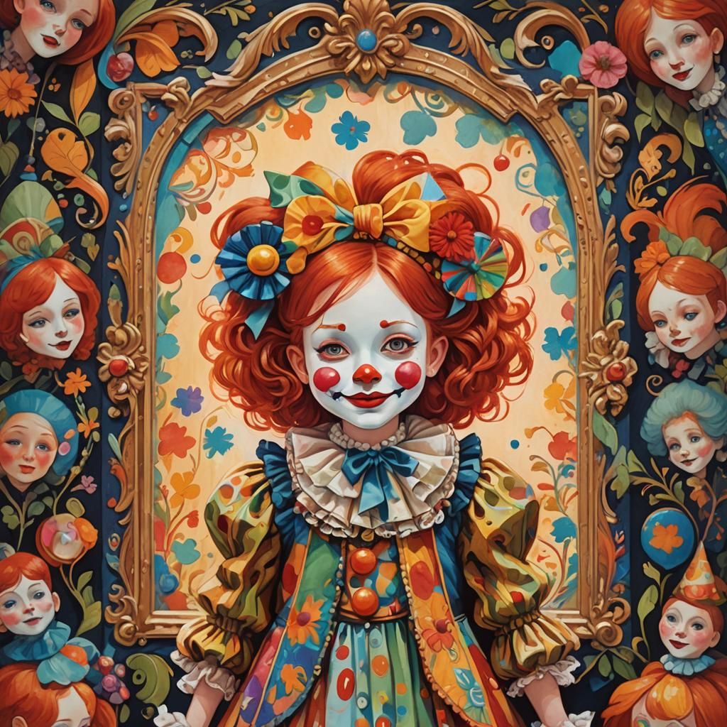 Redhead Girl with Clown Mask in Folk Art Style