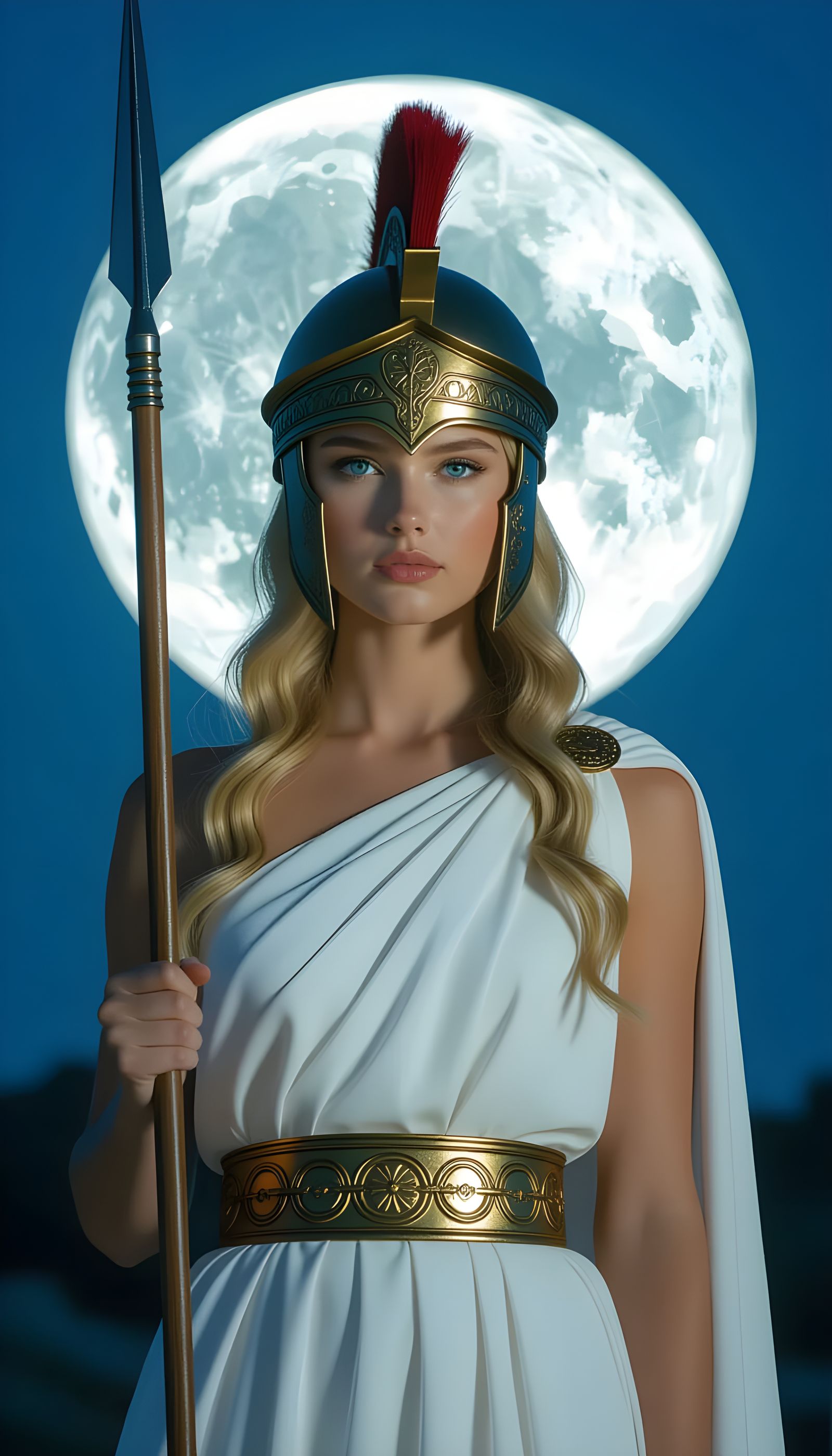 Greek Spearwoman Under Moonlight