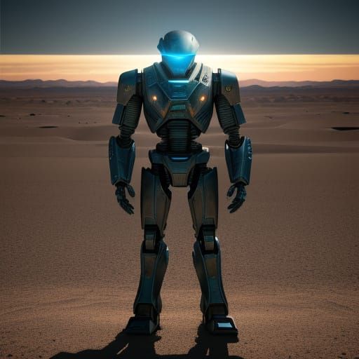 Robotic Alien in Desolate Desert Landscape