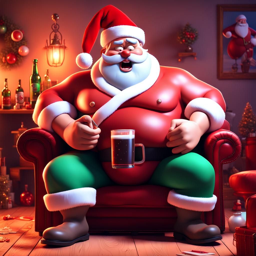 Muscular Santa Claus Drinking, 3D Digital Art