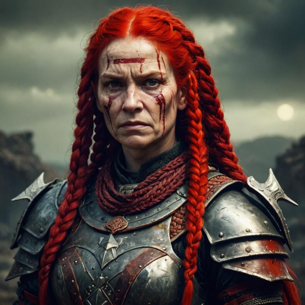 Scarred Warrior Woman in Dimly Lit Armor