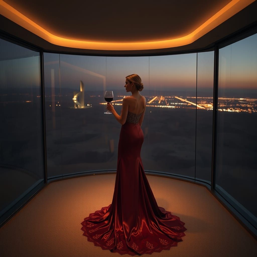 Elegant Woman in Gown Overlooking Desert Cityscape