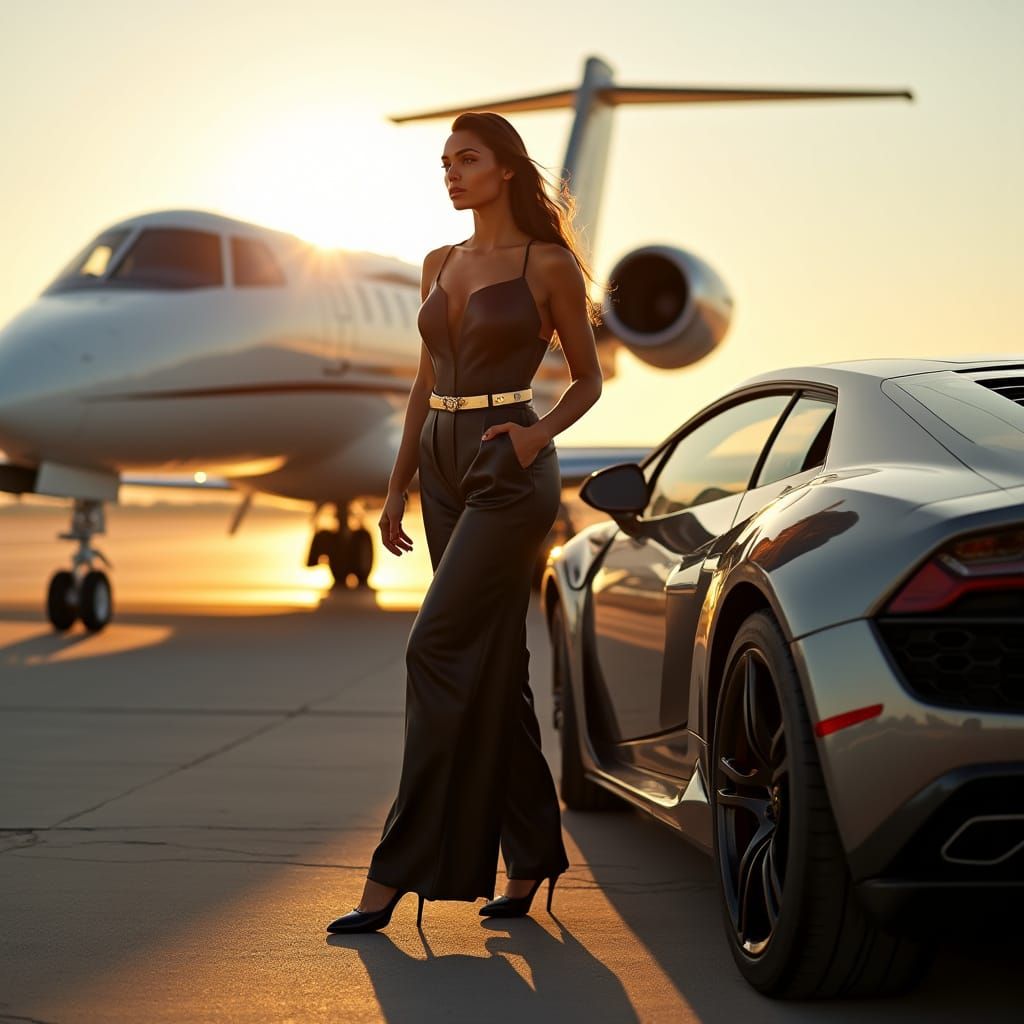 Luxury Model by Jet and Sports Car at Golden Hour