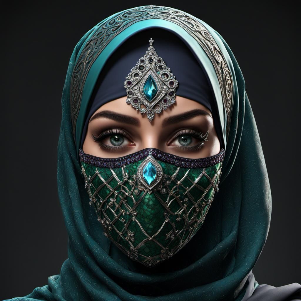 Gothic Hijabi with Jeweled Mask in Dark Fantasy Art