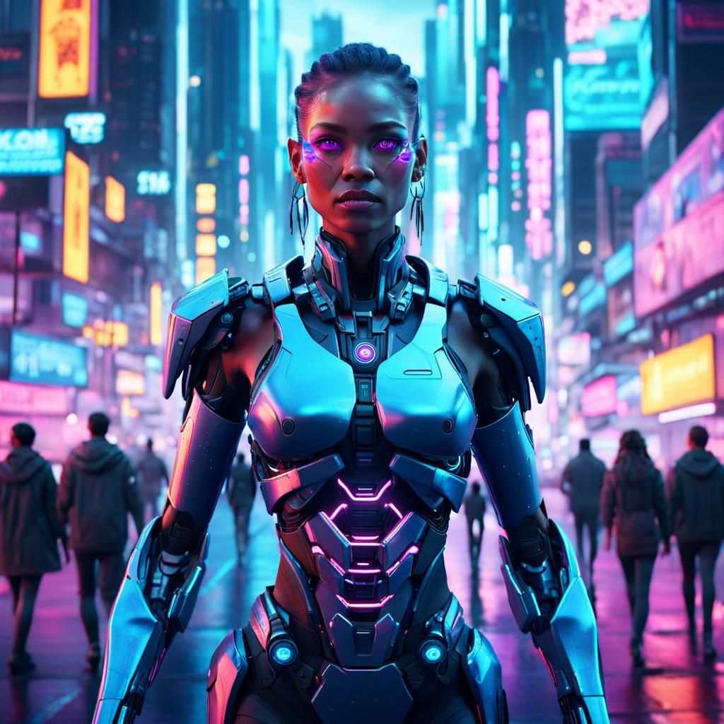 Cyborg Woman in Hyper-Technological Neon City
