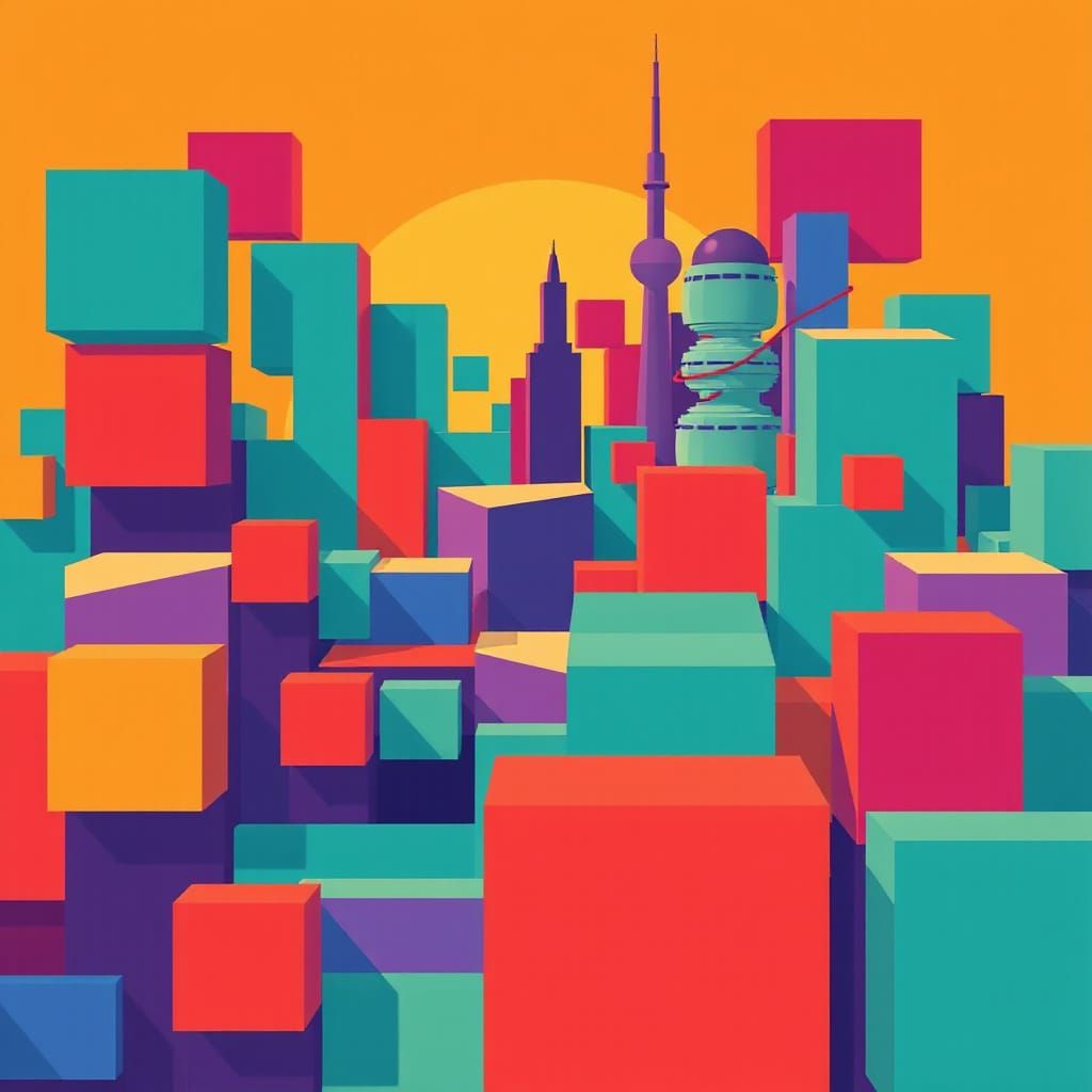 Vibrant Geometric Cityscapes in Bold Primary Colors