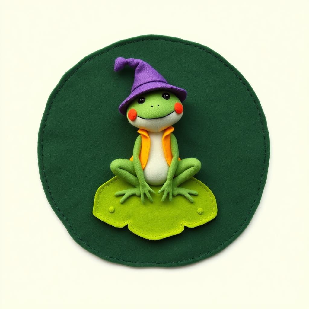 Whimsical Cartoon Frog on Lily Pad in Felt Style