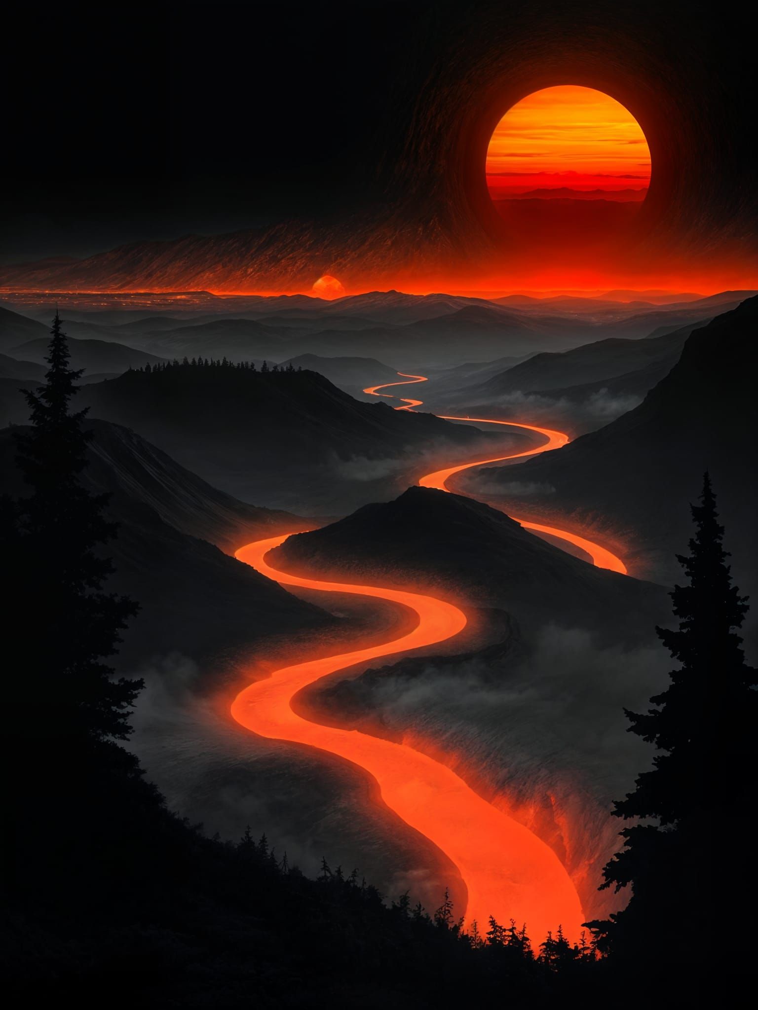 Surreal Orange River Through Dark Landscape