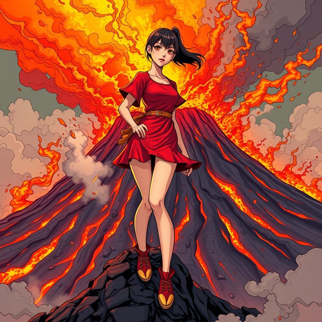 Dynamic Manga-Inspired Woman Stands on Volcanic Edge in Fier...