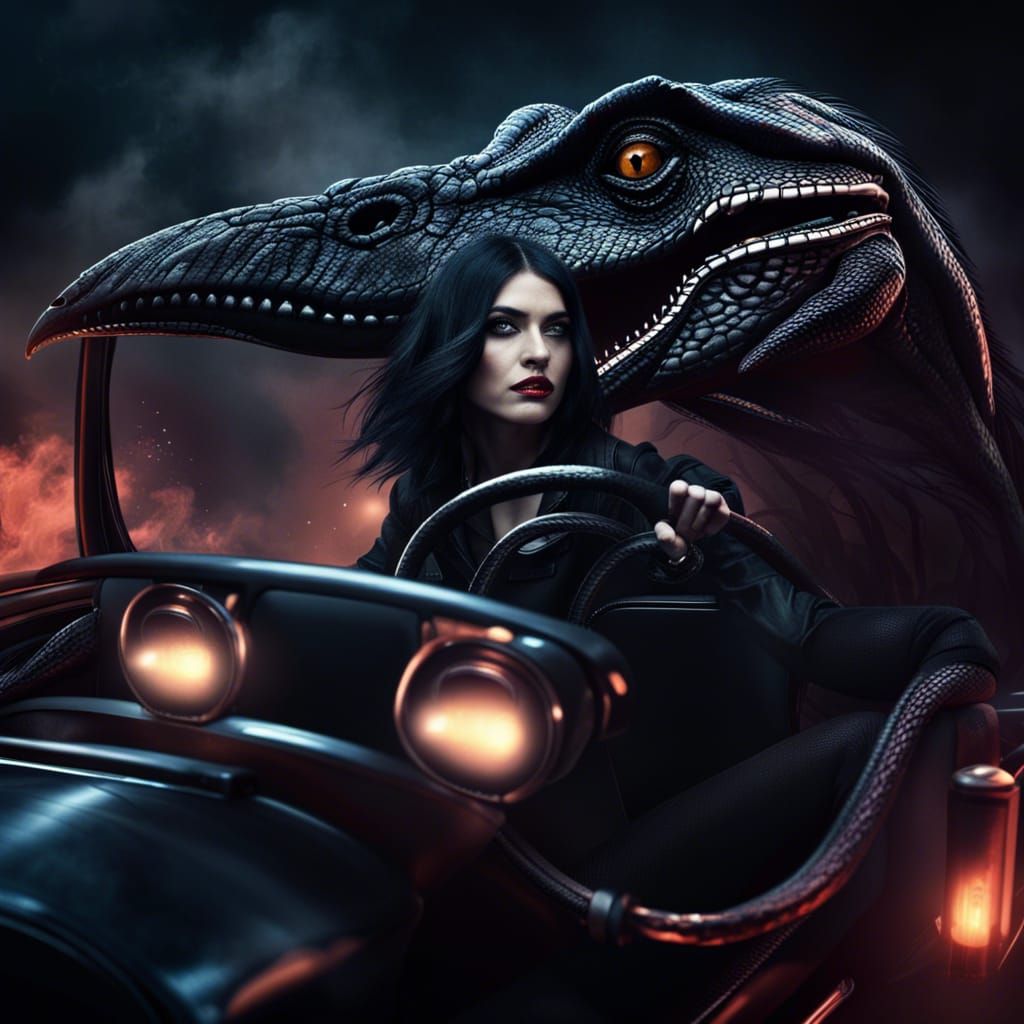 Gothic Girl and Velociraptor in Noir Car Ride