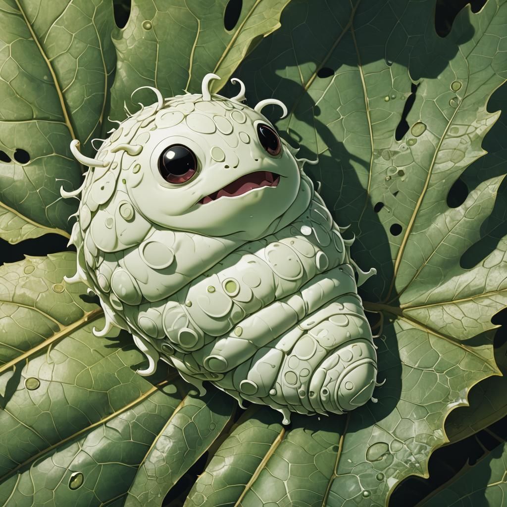 Fat Larva on Leaf in Digital Anime Art