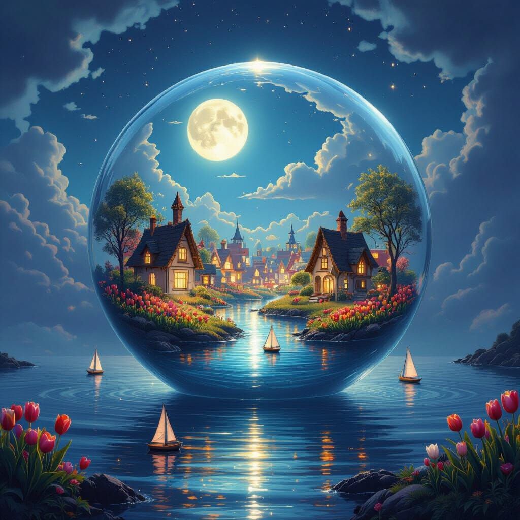 Magical Village Inside Floating Glass Sphere at Night