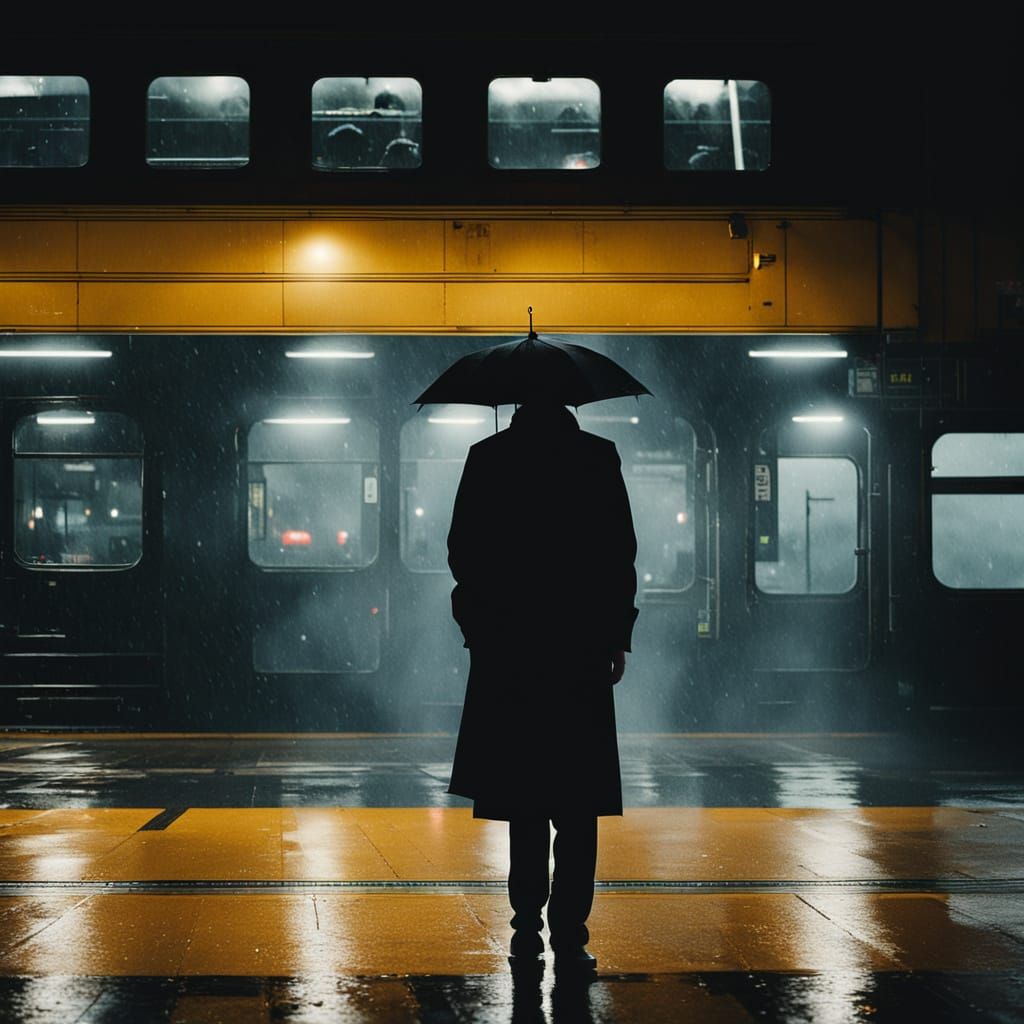 Gloomy Evening Train Station in Film Noir Style