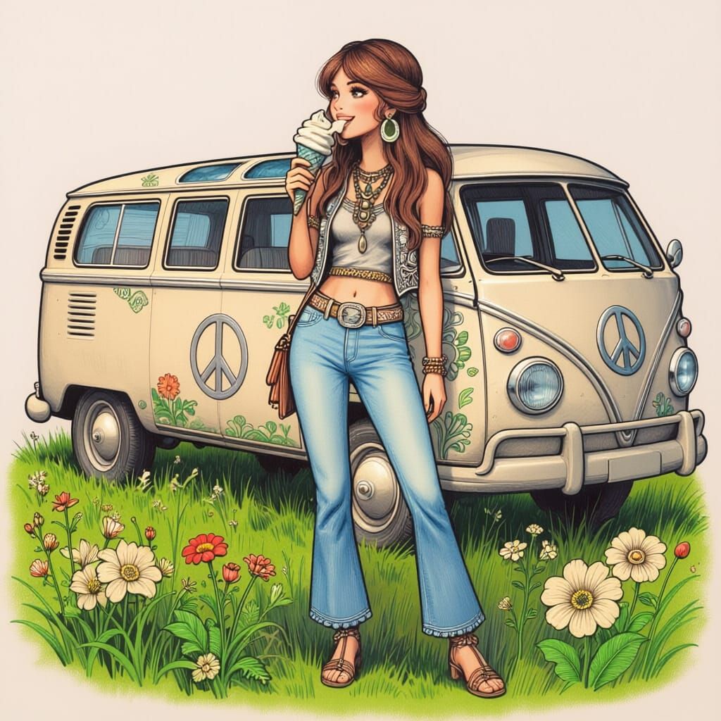 Californian Hippie Woman Eating Ice Cream by VW Van