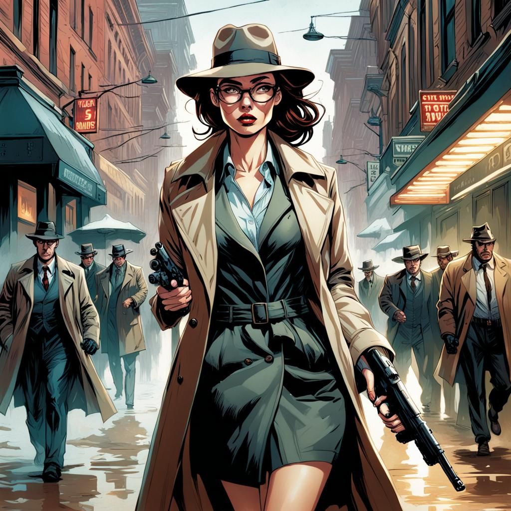 Brunette Woman in Gangland Gunfight: Comic Book Art