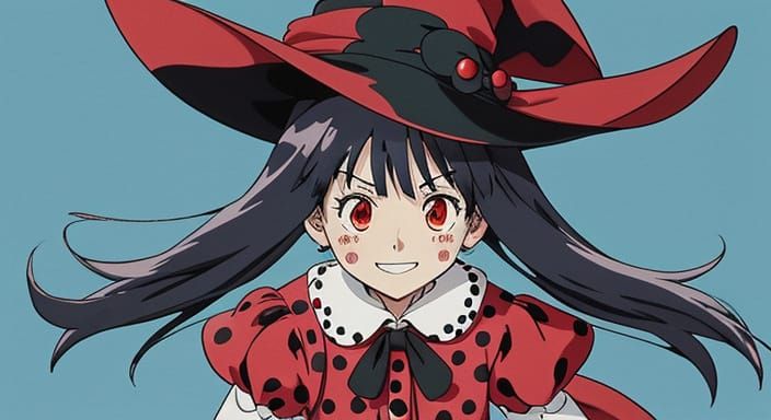 Cartoon Ghibli Witch in Polka Dot Dreamscape