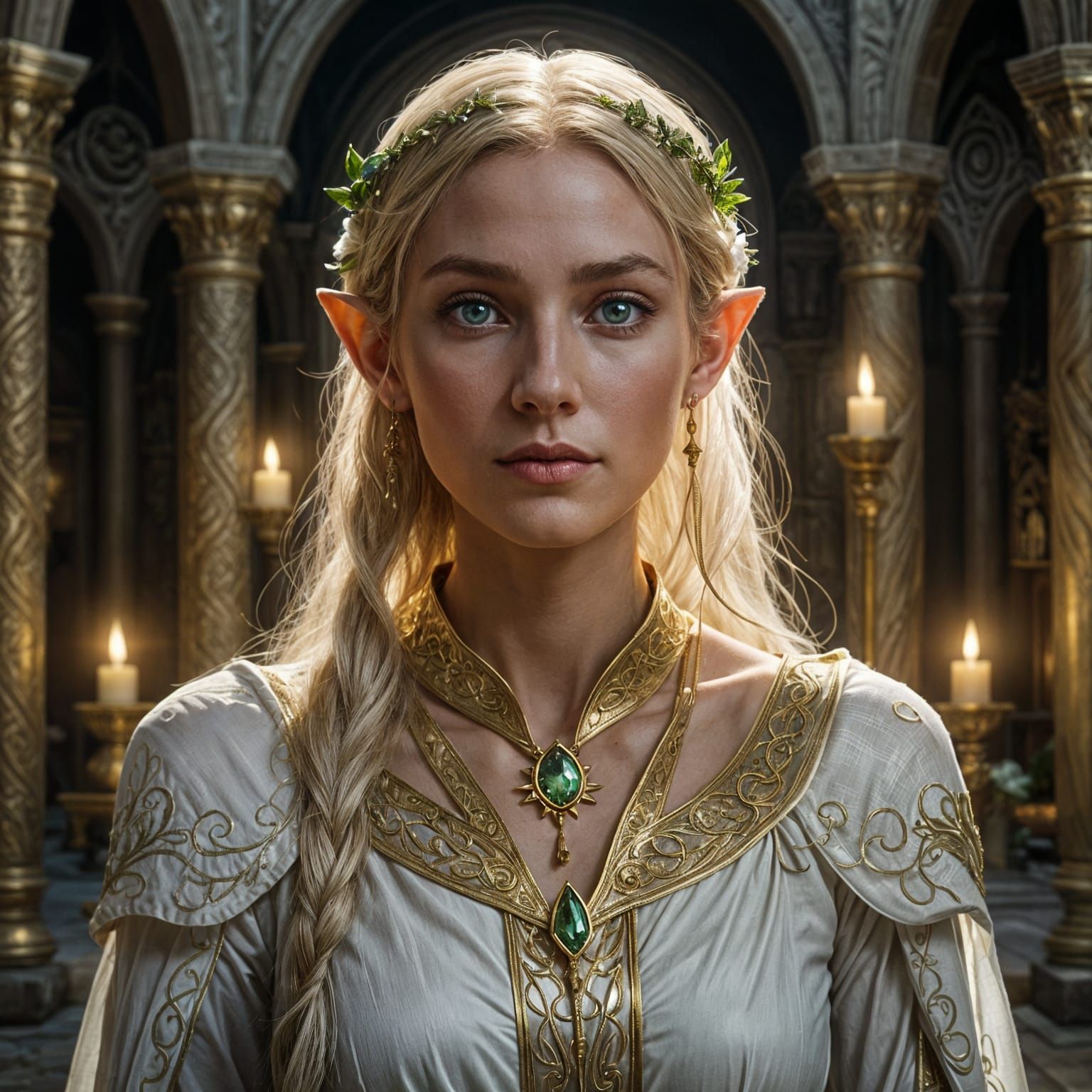 Elf Priestess Portrait in Ethereal Temple