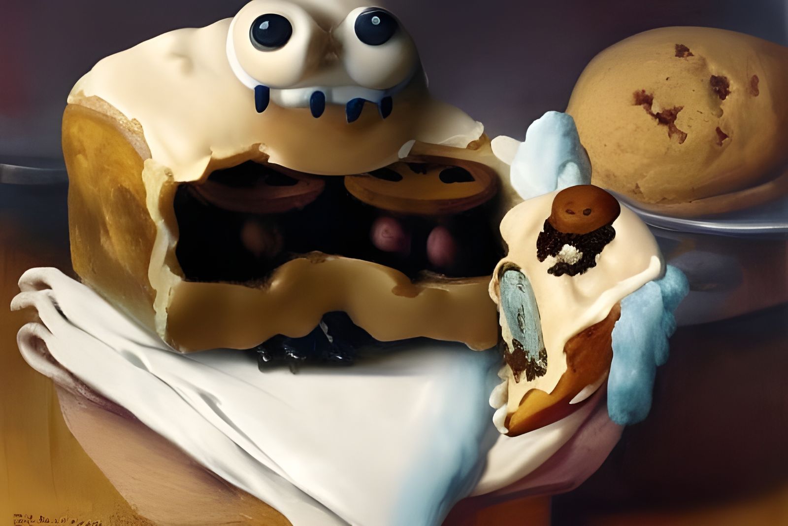 Gingerbread Man Devouring Baker in Dark Fantasy Style