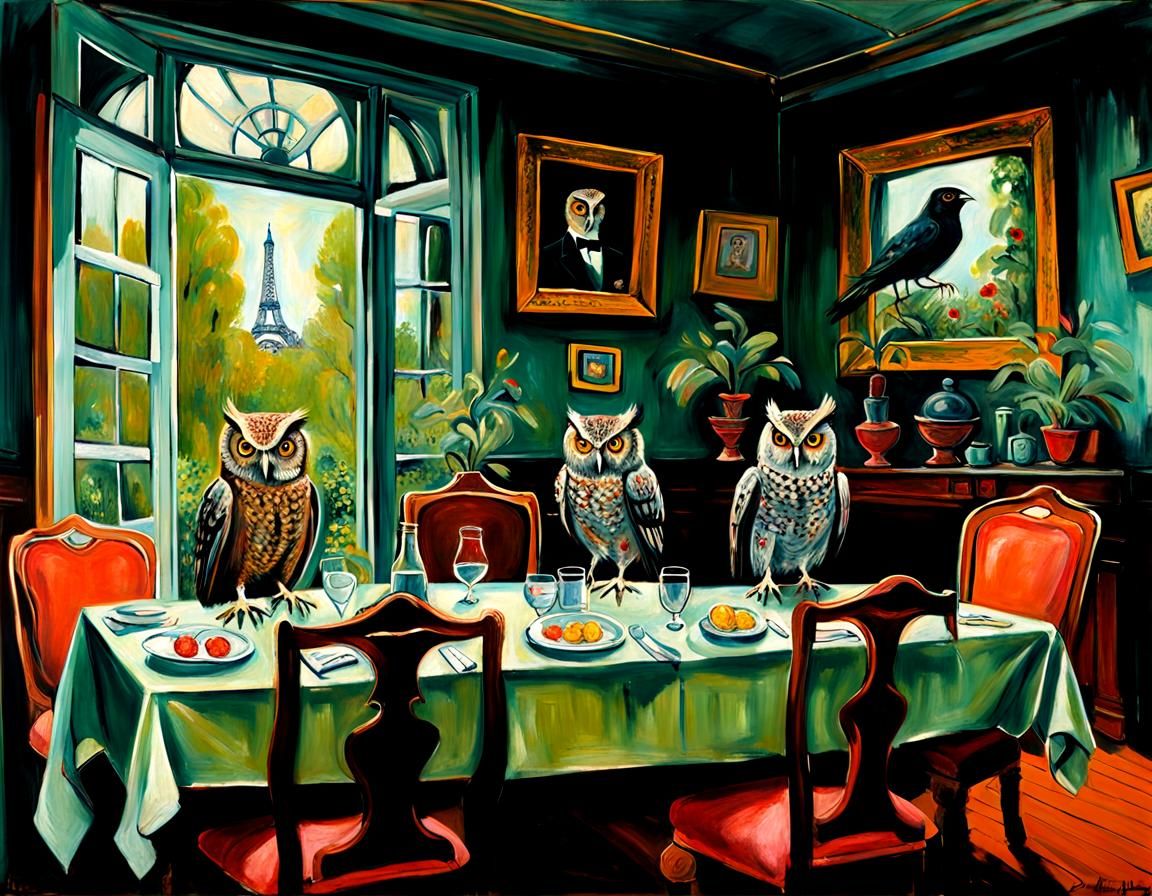 Cyberpunk Owls and Crows in Overgrown Garden