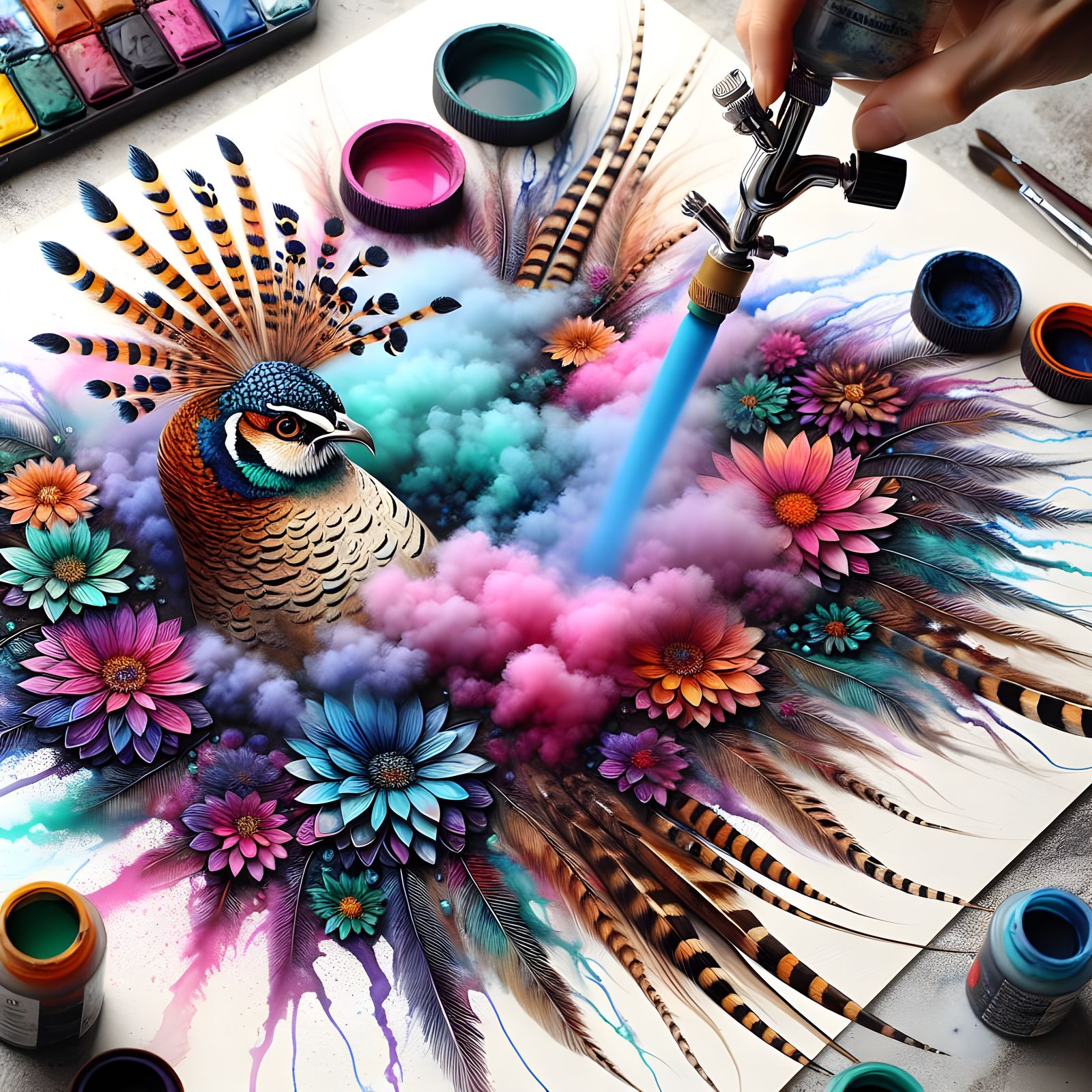 Airbrushed Pheasant in Vibrant Floral Bloom