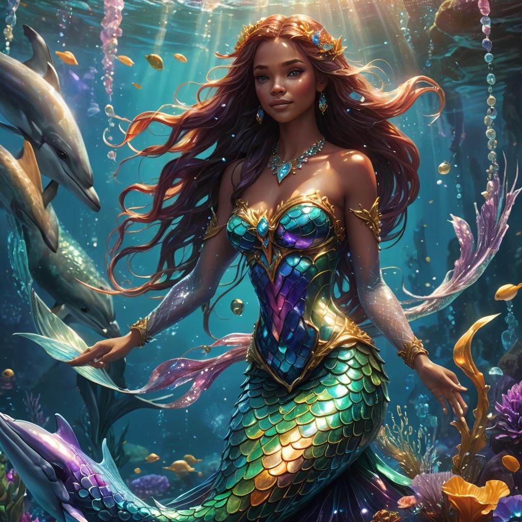 Mermaid and Dolphin in Crystalline Ocean: Fantasy Art