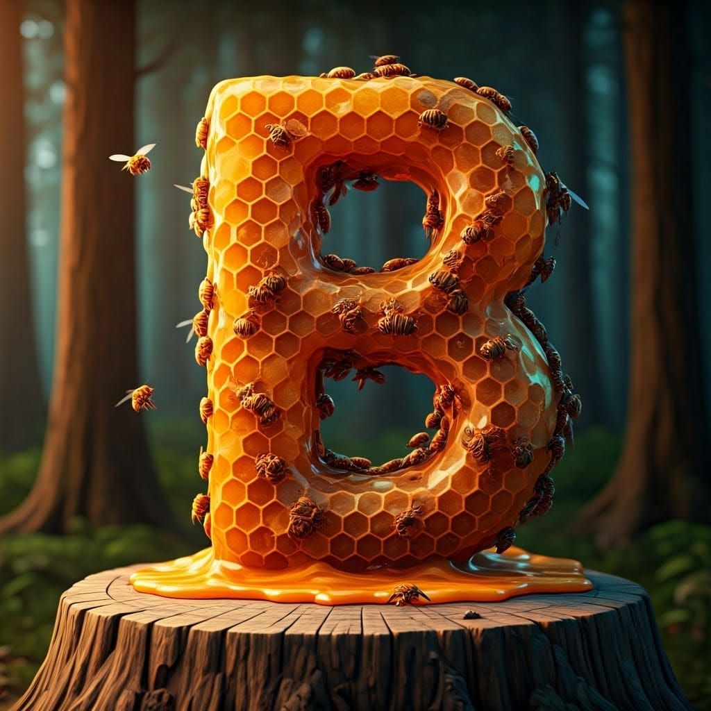 Vibrant Honeycomb Masterpiece with Bees in a Forest
