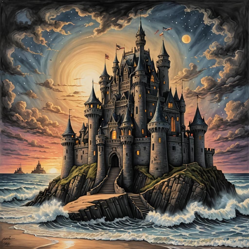 Baroque Sand Fortress at Twilight: Charcoal Drawing