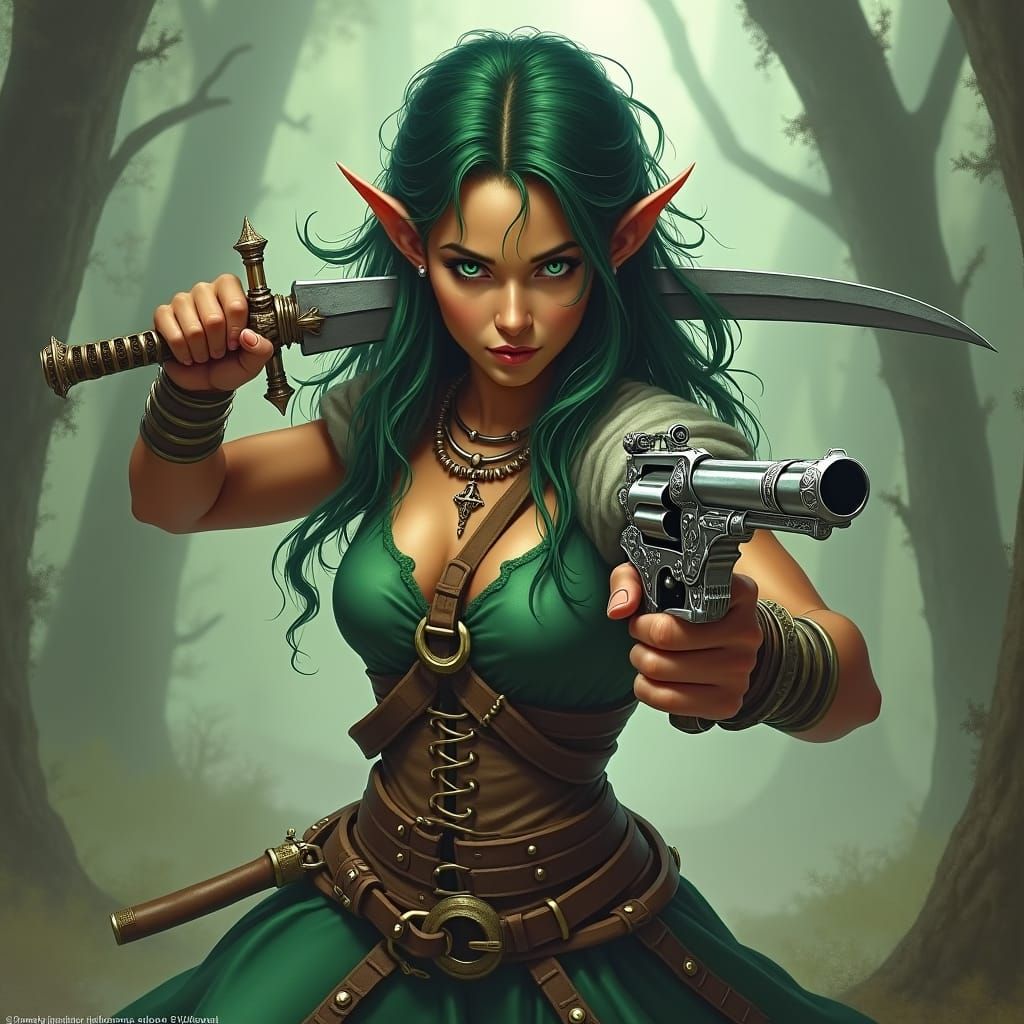 Elf Warrior with Scimitar and Revolver