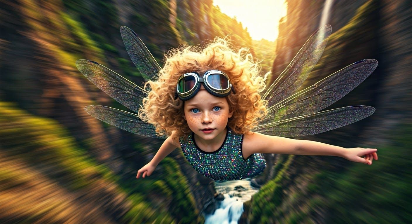 Astonished Fairy Girl Flies Through Canyon