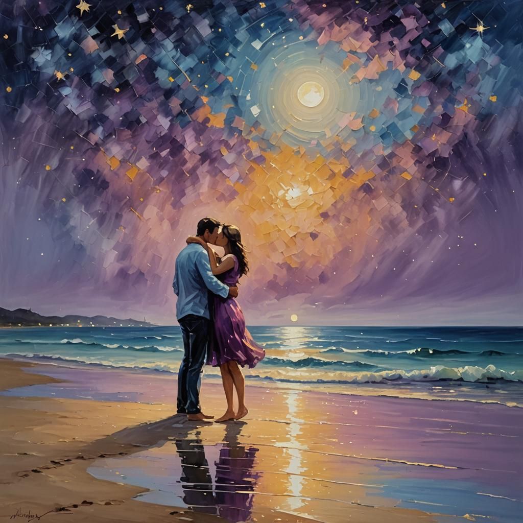 Romantic Seaside Embrace Under Starry Sky as Impressionist P...